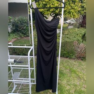 Betsy & Adam Black One-Shoulder Draped Evening Gown
